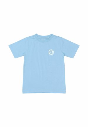 Light blue cotton t-shirt with short sleeves and a round neckline. Features a small white graphic on the left chest. Smooth texture.