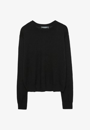 Schwarzer Langarm-Pullover mit Rundhalsausschnitt und gerippten Bündchen und Saum, auf einem weißen Hintergrund präsentiert.