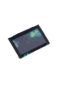 Portafoglio multi-funzionale realizzato in rete nera con un motivo a spruzzi colorati, dotato di bordi rinforzati e di un piccolo etichetta del marchio.