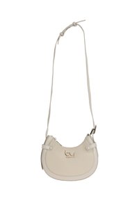 Piccola borsa a spalla in pelle beige con tracolla regolabile, chiusura zip e logo dorato "byblos" sul davanti.