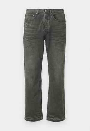 Grey denim jeans, straight-leg design, five pockets, button and zipper closure, slightly faded texture, with subtle wear marks on fabric.
