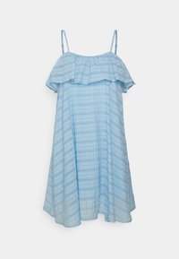 Vestido sem mangas em azul claro com sobreposição de babados, apresentando uma textura xadrez e uma forma A-line descontraída. Tecido leve e suave.