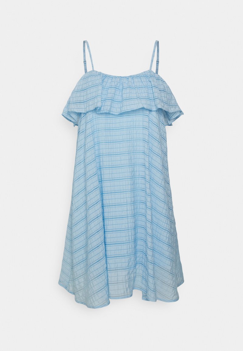 Vestido sem mangas em azul claro com sobreposição de babados, apresentando uma textura xadrez e uma forma A-line descontraída. Tecido leve e suave.