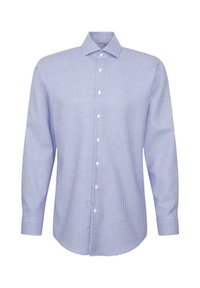 Camicia a maniche lunghe a quadri blu e bianchi, realizzata in tessuto con colletto button-down e chiusura frontale con bottoni; texture morbida e vestibilità regolare.