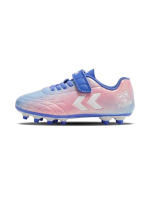Fußballschuhe in einem Farbverlauf von Blau zu Pink. Mit Klettverschluss und weißem Logo. Entworfen mit glatter Oberfläche und geformten Nocken.