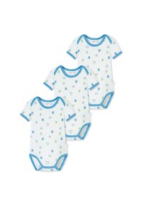 Tre kortärmade babybodyar i mjuk bomull, med vit bakgrund och mönster av blå och gröna tecknat monster samt blå detaljer.