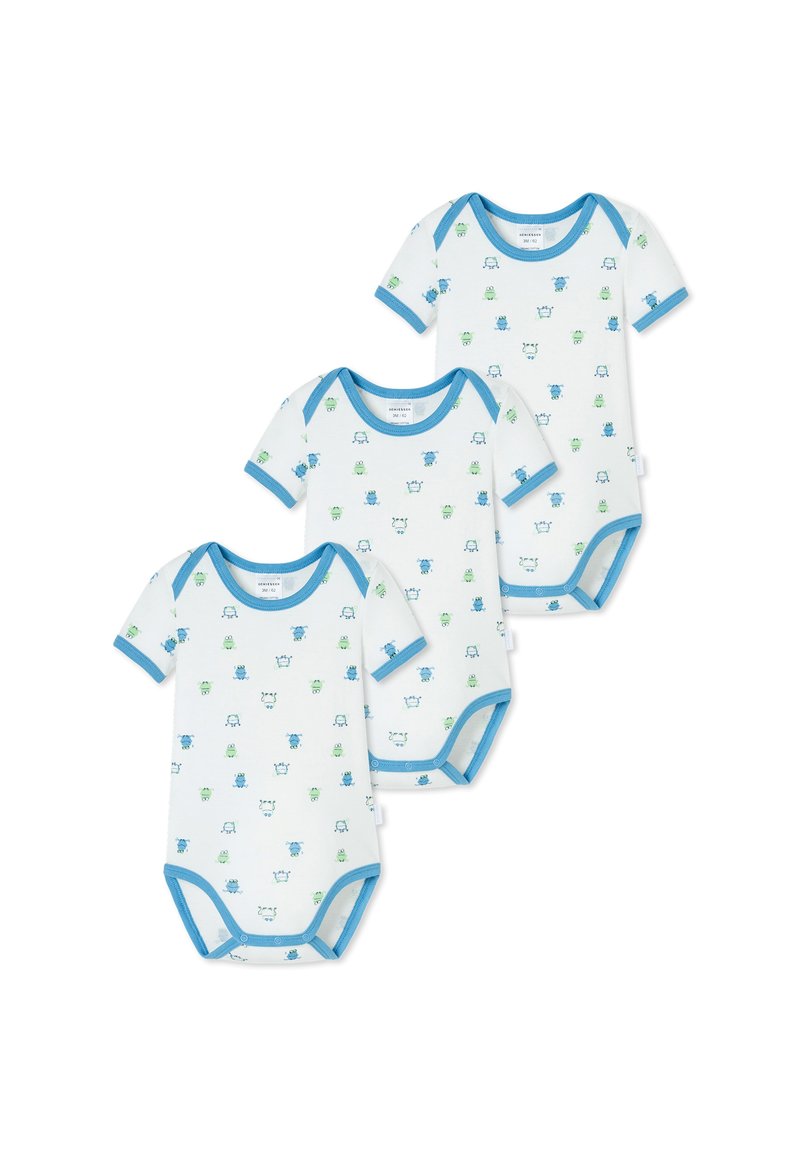 Tre kortärmade babybodyar i mjuk bomull, med vit bakgrund och mönster av blå och gröna tecknat monster samt blå detaljer.