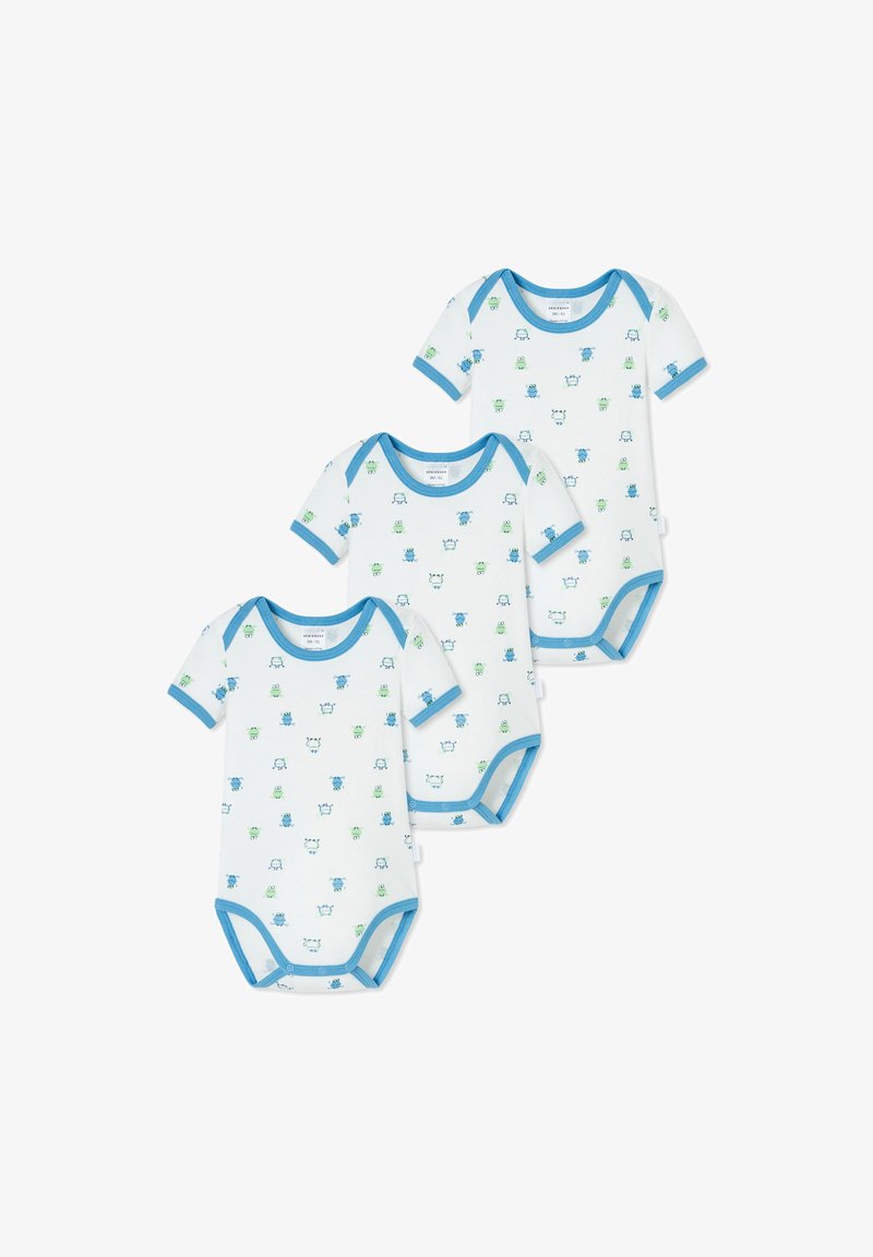 Tre body per neonati a manica corta in morbido cotone, con uno sfondo bianco e motivi di mostri cartoon blu e verdi, e rifiniture azzurre.