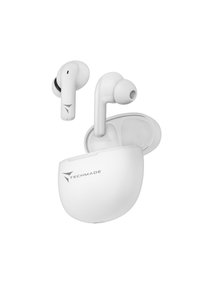 Cuffie wireless bianche con una custodia di ricarica arrotondata, caratterizzata da una finitura opaca e un marchio discreto sulla custodia e sulle cuffie.