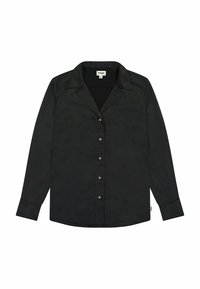 Czarna koszula z guzikami, o gładkiej fakturze, z wysmukłym kołnierzykiem, długimi rękawami i prostym dołem. Posiada sześć guzików oraz małą metkę z logo.