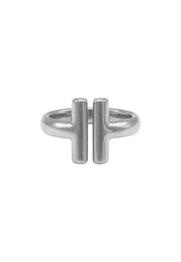 Sølv ring med et symmetrisk, minimalistisk design med to vertikale stenger og en glatt, polert overflate.