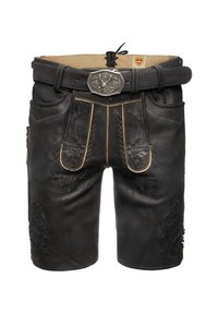 Černé kožené šortky s propracovanou výšivkou, kontrastním světlým prošíváním a dekorativní kovovou sponou. Jsou vybaveny kapsami a krajkovými detaily.