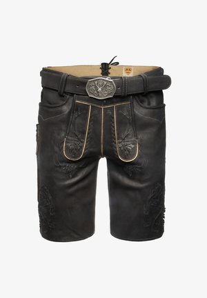 Zwarte leren shorts met ingewikkelde borduring, contrasterende lichte stiksels en een decoratieve metalen gesp. Voorzien van zakken en kantdetails.