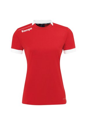 Red sports jersey with short sleeves, white collar and sleeve cuffs. Features "Kempa" logo on the left shoulder in white. Smooth fabric texture.