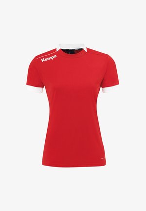 Red sports jersey with short sleeves, white collar and sleeve cuffs. Features "Kempa" logo on the left shoulder in white. Smooth fabric texture.