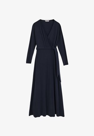 Vestido largo azul marino cruzado con escote en V, mangas largas y un cinturón de tela a juego atado en la cintura.