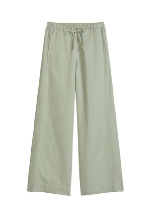 Lichtgroene wijd uitgesneden broek met elastische tailleband en voorste trekkoord, voorzien van zijzakken en een losse pasvorm.