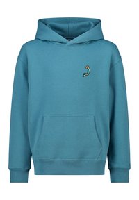 Teal cotton hoodie with a front pocket, drawstring hood, ribbed cuffs, and a small embroidered design on the chest.
