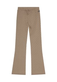 Bruna mönstrade utsvängda byxor med en diamantdesign. Tyget verkar texturerat; har en midja med en liten logotagg på sidan.