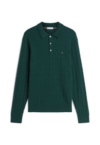 Pull polo en maille torsadée vert foncé à manches longues avec trois boutons blancs et un petit logo rouge, blanc et bleu sur la poitrine gauche.