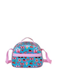 Sac bleu à motifs avec des accents roses, mettant en avant des nœuds, des cerises et des lunettes de soleil. Dispose d'une poignée supérieure et de bretelles réglables.