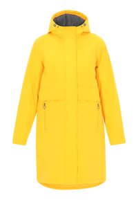 Gelber wasserdichter Parka mit Kapuze, Frontreißverschluss und Seitentaschen. Verfügt über eine glatte Textur und graue Fütterung. Mittel-langes Design.
