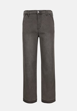 Dark gray straight-leg pants with button and zipper closure, belt loops, front pockets, and stitched hem against a light background.