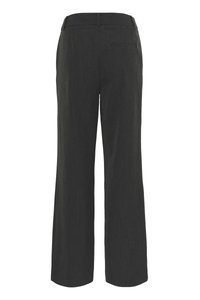 Wijde pijpen broek van donkergrijze stof met een gestructureerde afwerking. Voorzien van een soepele tailleband en een enkele achterzak.