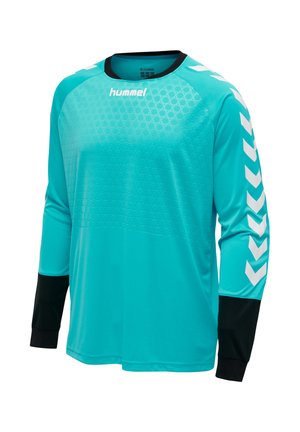 Turkis langærmet sportstrøje med sorte manchetter, hvide v-formede mønstre på ærmerne og "hummel" logo på brystet og bag på nakken.