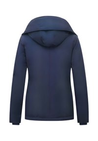 Marineblauwe jas met capuchon, die een gladde textuur, een slanke pasvorm en een minimalistisch ontwerp toont. Heeft een achternaad en lange mouwen.