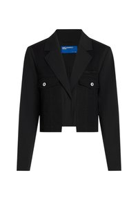 Giacca nera corta con un design strutturato, dotata di colletto a punta, tasche sul petto con bottone a pressione e dettagli di cucitura a vista.