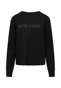 Zwarte trui met een ronde hals, lange mouwen en een cropped pasvorm, met "NEW YORK" in gestructureerde letters op de voorkant.