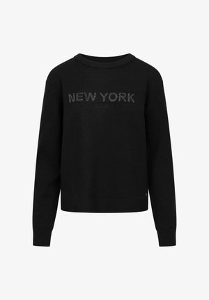 Schwarzer Pullover mit rundem Hals, langen Ärmeln und cropped Passform, der "NEW YORK" in strukturiertem Schriftzug auf der Vorderseite trägt.