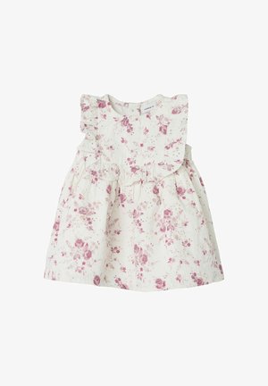 Abito bianco con motivo floreale rosa, maniche arricciate e vita arricciata. Realizzato in tessuto leggero con dettagli in pizzo.