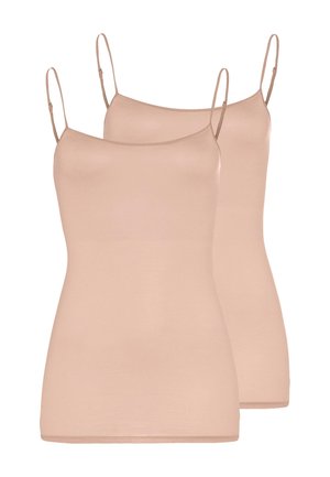 To beige dame camisoler med tynde justerbare spaghetti-stropper, vist på en hvid baggrund.