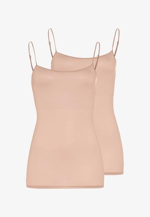 Deux camisoles beiges pour femmes avec fines bretelles spaghetti réglables, présentées sur un fond blanc.