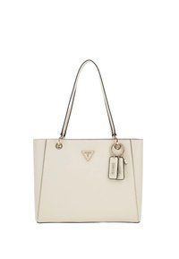 Borsa a spalla in finta pelle beige con doppi manici, ferri tono oro, logo triangolare e due etichette attaccate. Texture liscia con dettagli cuciti.