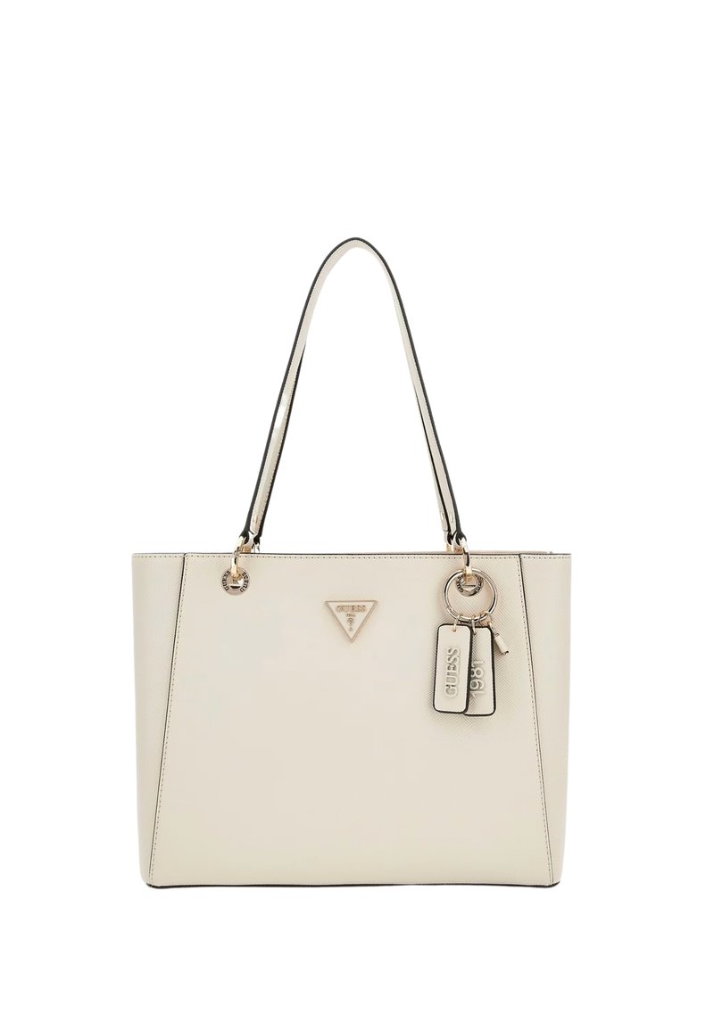 Borsa a spalla in finta pelle beige con doppi manici, ferri tono oro, logo triangolare e due etichette attaccate. Texture liscia con dettagli cuciti.