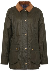 Αδιάβροχο μπουφάν από κερωμένο βαμβάκι Barbour σε σκούρο ελαιόχρωμο με κολλέρο από καπιτονέ, κουμπιά με σSnap και δύο εξωτερικές τσέπες. Υφή ανθεκτική και σχεδίαση.