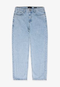 Jeans a vita alta dritti di colore blu chiaro, con bottone anteriore, chiusura con zip, passanti per cintura e design a cinque tasche, stesi flat.