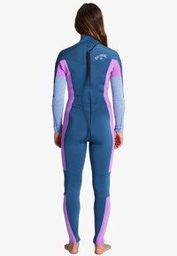 Wetsuit featuring dark blue body, light purple accents, and patterned sleeves. Smooth finish with back zipper. Designed for water activities.