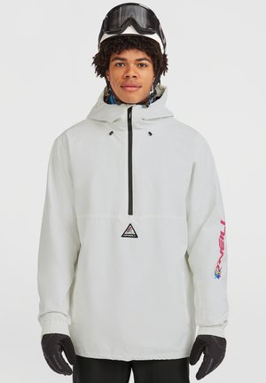 Witte pullover jack met een frontzip, zwarte accenten en O'Neill-logo. Voorzien van een verstelbare capuchon en elastische manchetten. Combineer met zwarte handschoenen.