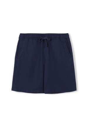 Shorts décontractés bleu marine avec taille élastique, cordon de serrage et poches latérales, présentés sur fond blanc.