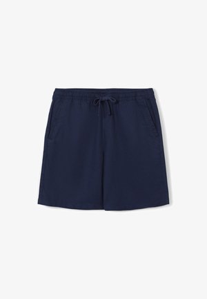 Marineblaue Freizeitshorts mit elastischem Bund, Kordelzug und Seitentaschen, auf weißem Hintergrund präsentiert.