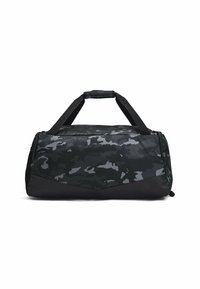Black camo duffel bag with a nylon exterior, dual handles, a zipper closure, and a geometric design on the bottom panel.
