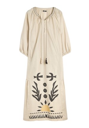 Beżowa bawełniana sukienka z rękawami do łokcia, dekoracyjnym czarnym haftem, zapinana na guziki z frędzlami i motywem słońca na dole.