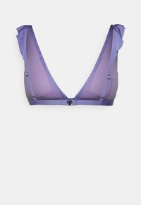 Sutia triangular roxo com tecido transparente, apresentando detalhes em babados nas alças e um fecho frontal. Design leve e delicado.