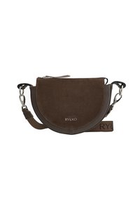 Braune Wildleder- und Leder-Crossbody-Tasche in Halbmondform mit Reißverschluss, abnehmbarem Tragegurt und Logo-Print.