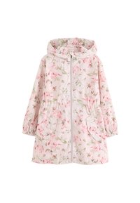 Veste de pluie légère à capuche en rose pâle avec imprimé floral. Comprend une fermeture éclair à l'avant et deux poches frontales, avec des élastiques aux poignets.