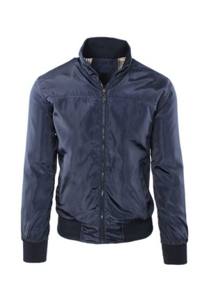 Giubbotto bomber leggero blu navy con cerniera frontale, polsini e fascia in vita a costine, e colletto alla coreana con fodera a quadri all'interno.